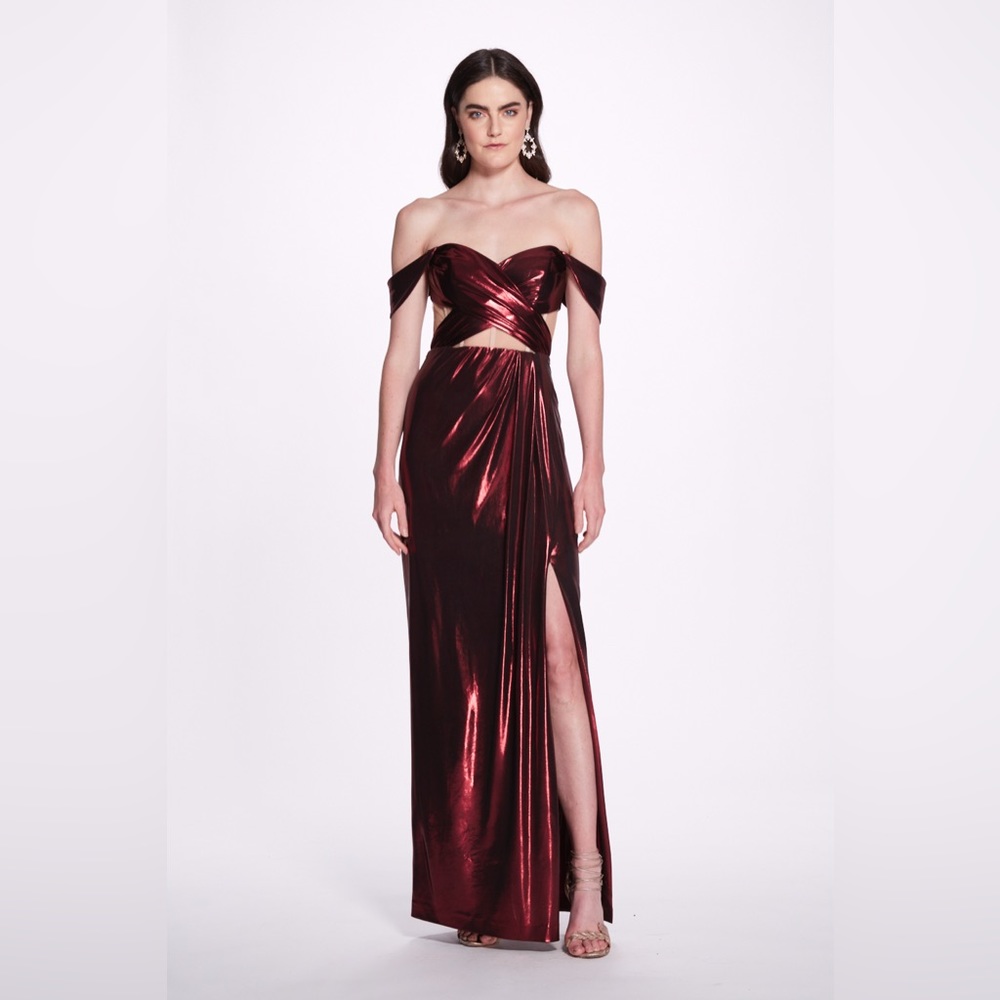 MARCHESA METALLIC CUTOUT OFF SHOULDER GOWN brand new w tags